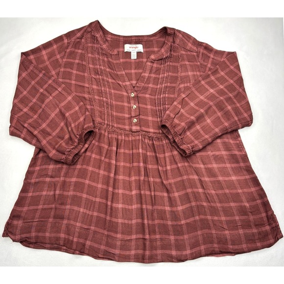 Wrangler Tops - Wrangler Plaid Blouse Womens Large Burgundy Maroon Pintuck Babydoll Viscose Top